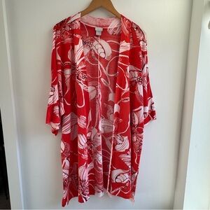 NWT Chico's Red Orange and White Knit Top Kimono Long Cardigan Sweater Size XXL
